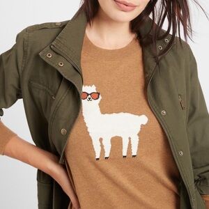 Banana Republic Llama w Sunglasses Cotton Sweater Tan Sm Petite whimsy boho